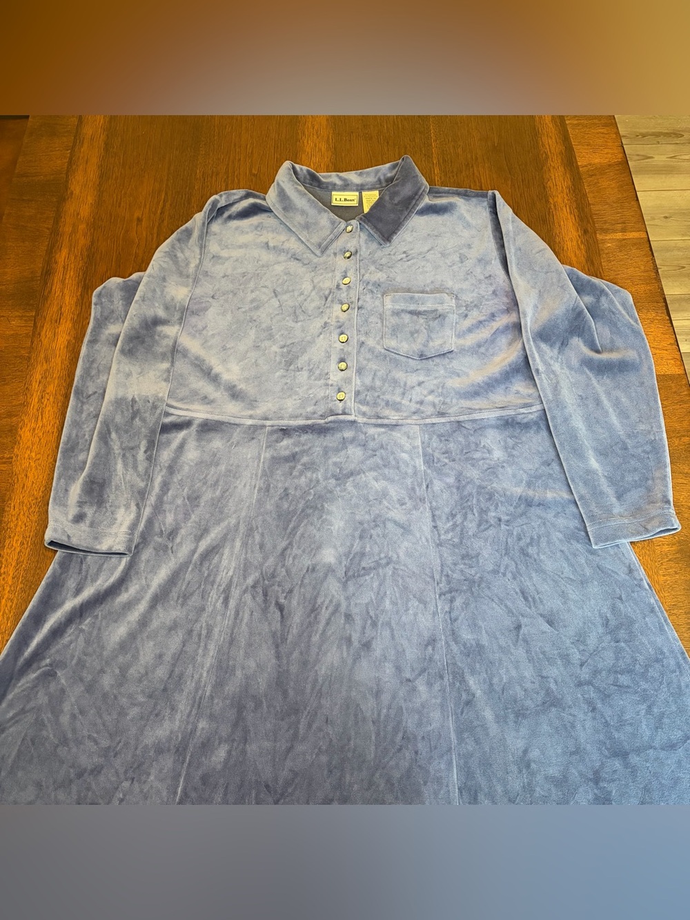 L.L.Bean Blue Velour Shirt Dress Women's Petite 16 Long Sleeve Collared Vintage
